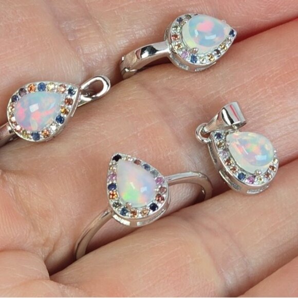 925 Sterling Silver Jewelry Set with Natural White Opal & Multicolor Sapphire - Picture 11 of 12